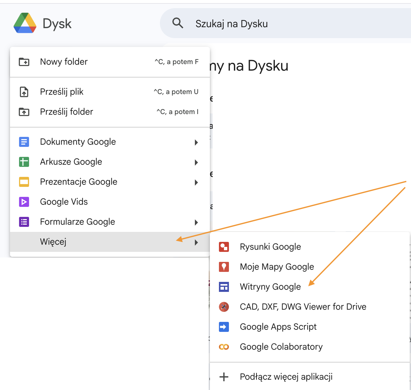 Tworzenie nowej witryny Google z poziomu Dysku Google — menu Nowy, Więcej, Witryny Google