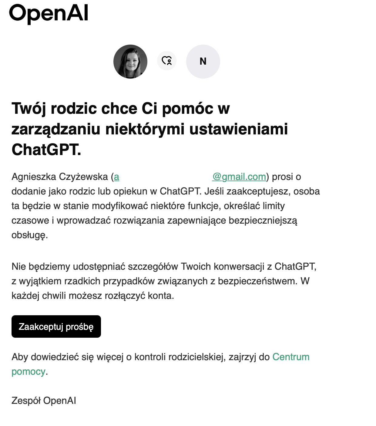 Widok ChatGPT z włączoną kontrolą rodzicielską