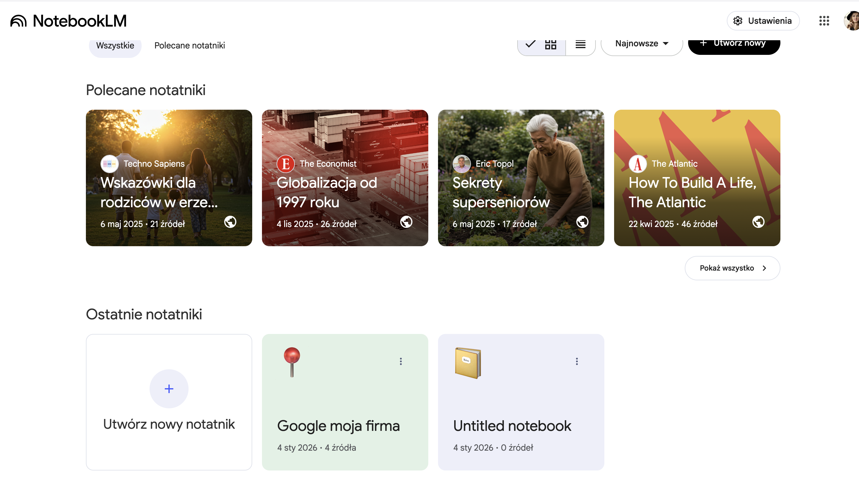 Interfejs NotebookLM po zalogowaniu